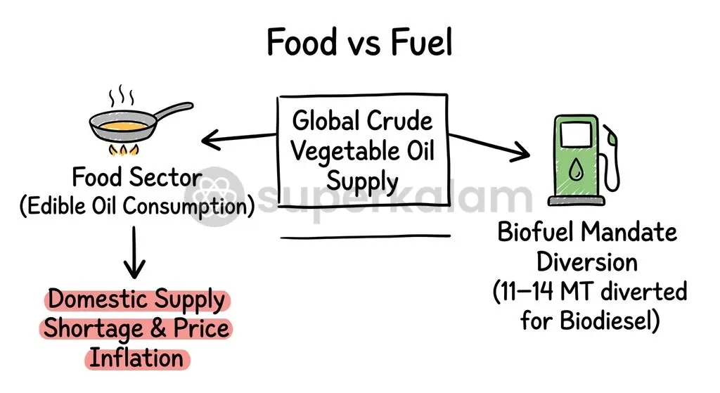 Biofuel blending mandates such as Indonesia's B35 programme divert millions of tonnes of crude palm oil from food markets into energy production.