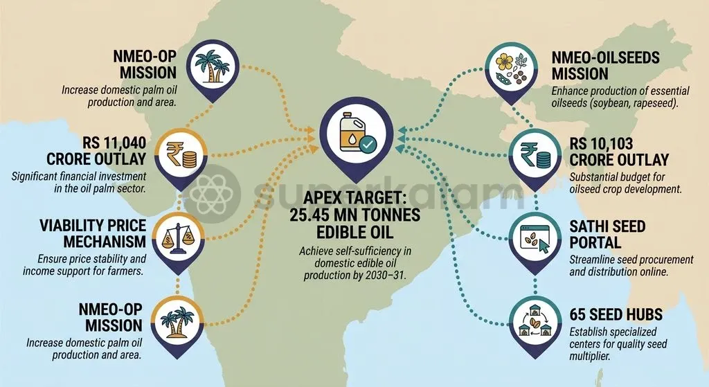 The NMEO-OP and NMEO-Oilseeds missions combine viability price guarantees and seed hub expansions to target 72% self-reliance by 2030–31.