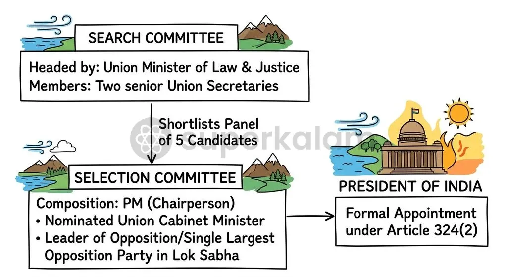 The statutory appointment process under the 2023 Act moves from a Secretary-level Search Committee to a three-member Selection Committee.
