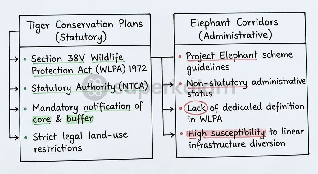 A comparison of statutory safeguards under the Wildlife (Protection) Act, 1972, highlighting the need for dedicated legal backing for elephant corridors.