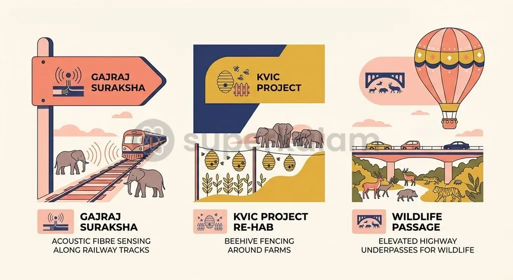 A multi-layered technological approach combines AI rail sensing, natural bio-fences, and eco-ducts to mitigate human-elephant conflict.