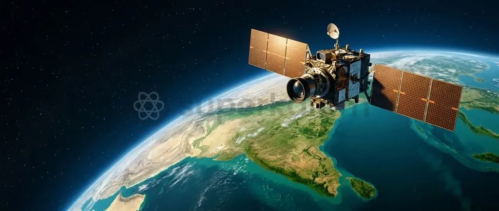EOS-05 in geostationary orbit ~36,000 km above Earth, providing continuous staring surveillance over the Indian subcontinent.