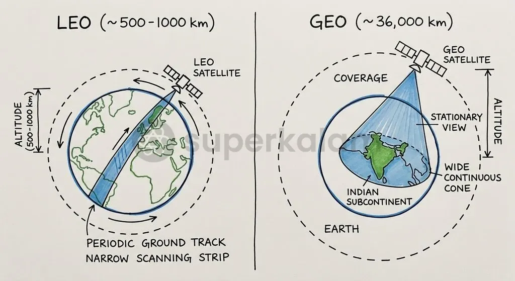 The fundamental trade-off between LEO and GEO: LEO offers high spatial detail with multi-day revisit delays, while GEO provides constant temporal coverage at moderate spatial resolution.