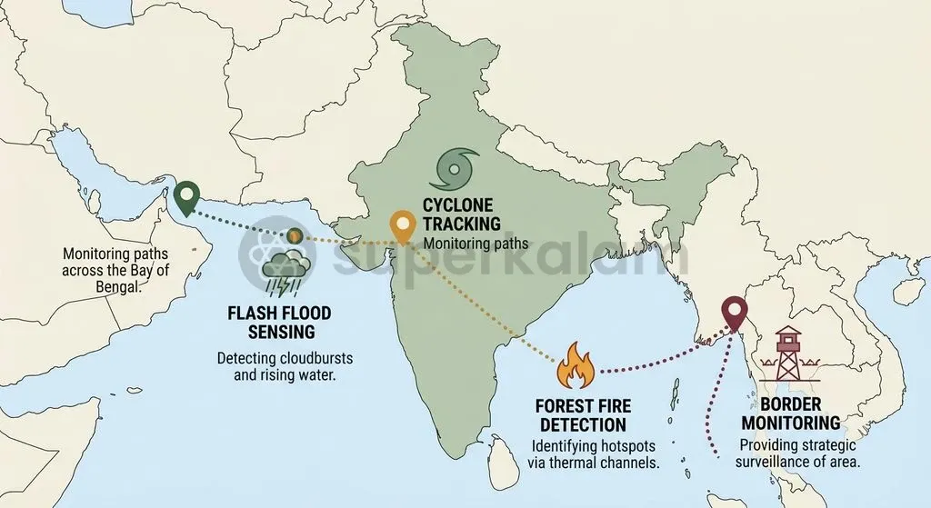 Key operational domains of EOS-05: cyclone tracking, cloudburst prediction, forest fire detection, and persistent border surveillance.