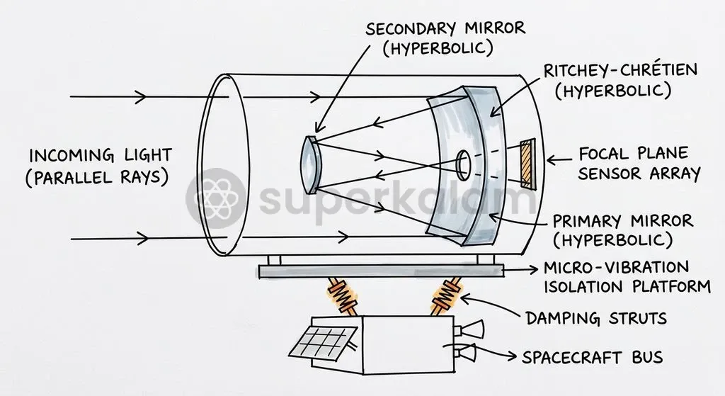 Engineering precision at 36,000 km: A 700 mm Ritchey-Chrétien telescope combined with micro-vibration isolation enables 42-metre ground sampling.