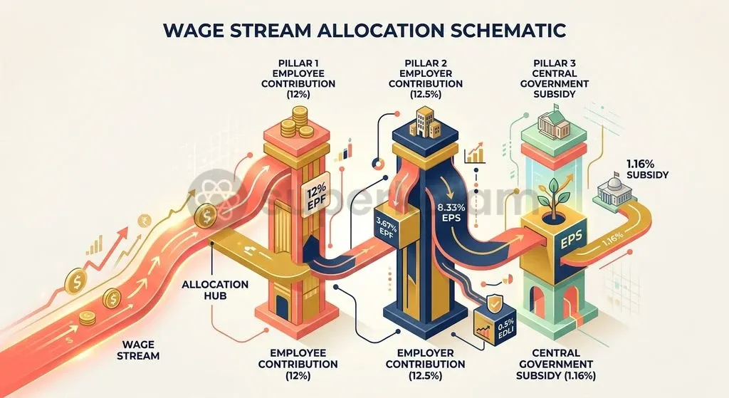 The tripartite architecture channels employee and employer deductions alongside a Union Government subsidy across three pillars.