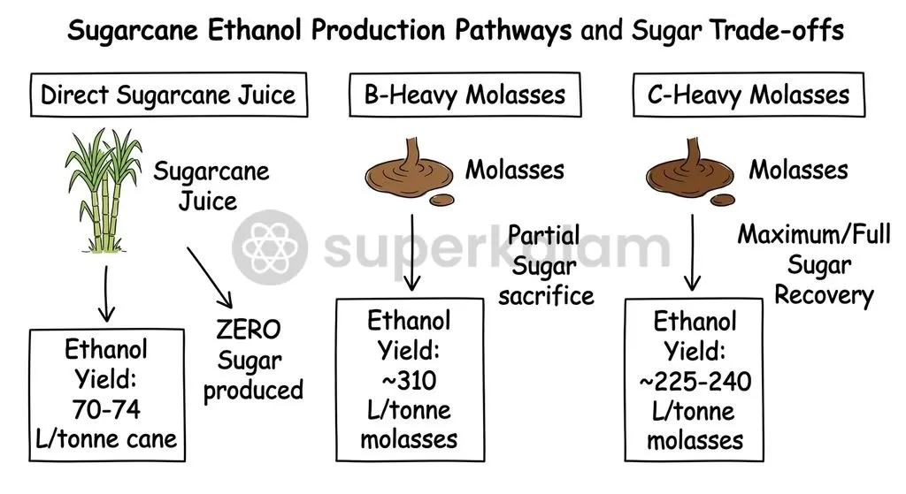 Ethanol yield versus sugar sacrifice varies across the three distinct distillation routes used by Indian sugar mills.