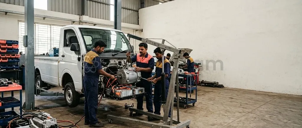 An automobile chassis undergoing electric powertrain integration inside a certified engineering conversion facility.