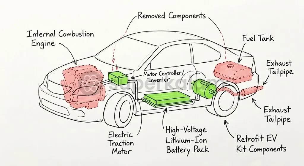 Component mapping illustrates the replacement of conventional internal combustion parts with an electric motor, controller, and battery pack.