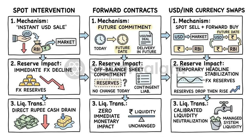 Central bank interventions balance immediate foreign exchange liquidity against domestic monetary base stability.