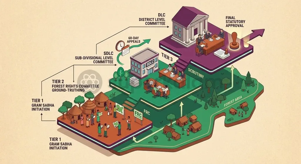 The statutory verification architecture flows upward from the village assembly to the district administration, balancing local ground reality with appellate oversight.