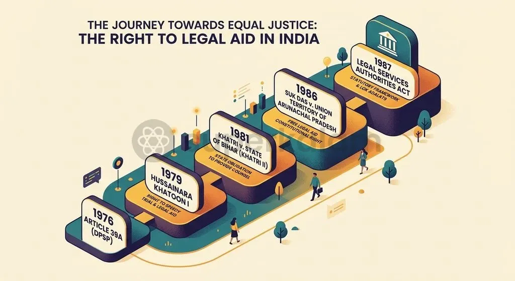 The journey of legal aid in India: from a non-justiciable directive in 1976 to an enforceable Article 21 fundamental right and statutory architecture.