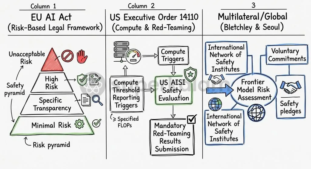 International AI governance approaches diverge across binding legislative mandates, executive reporting, and voluntary consensus.