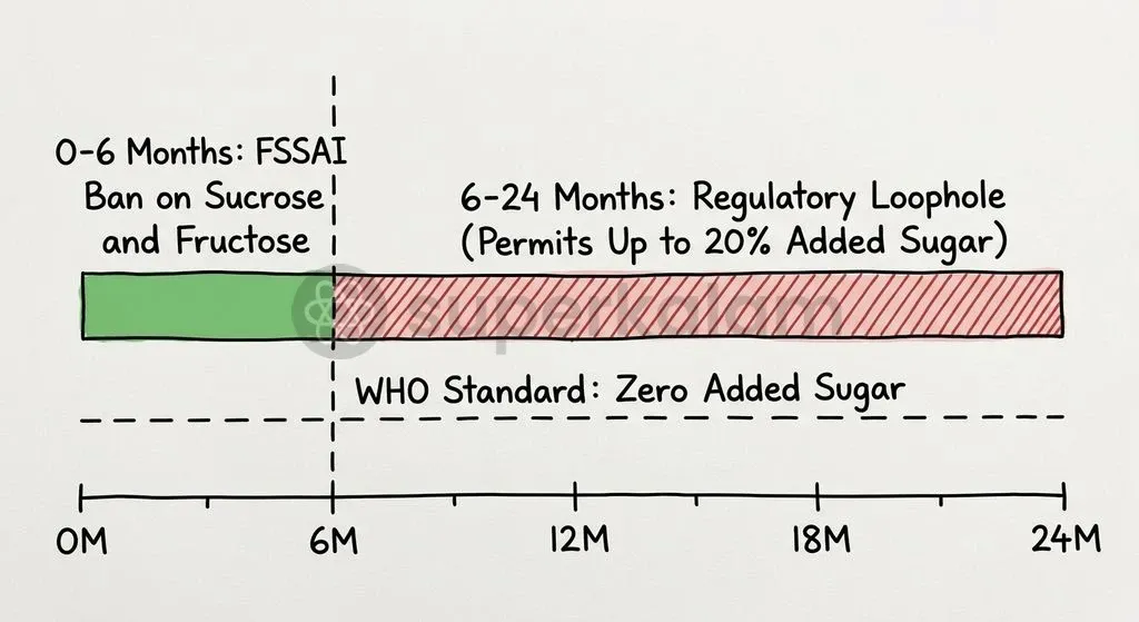 The statutory cut-off at six months creates an administrative gap where complementary weaning foods escape strict sucrose bans.