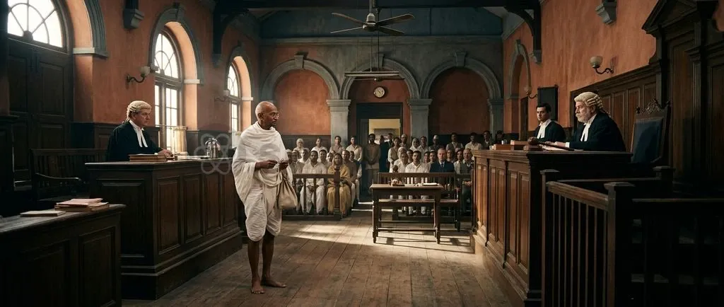 Historic courtroom trial scene from 1922 showing colonial British judge bench and Mahatma Gandhi standing calmly in Ahmedabad