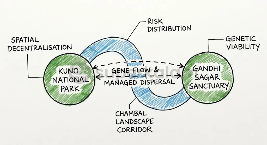 The metapopulation strategy links independent wildlife reserves through managed gene flow and corridor conservation.