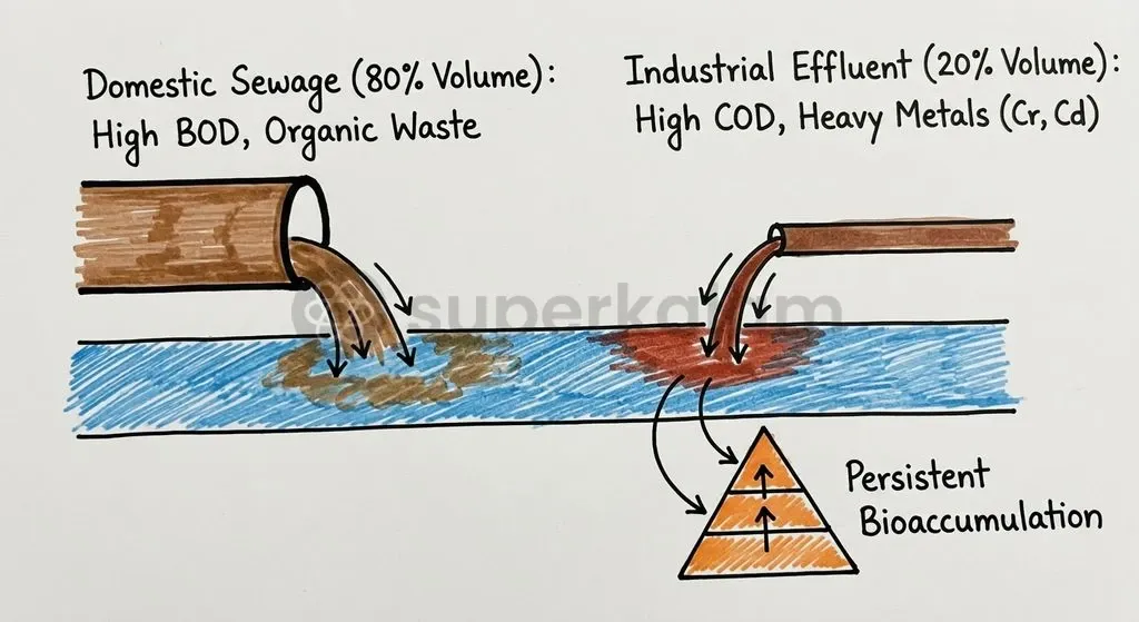 While domestic sewage contributes the bulk of wastewater volume, industrial waste carries the primary burden of bioaccumulative heavy metals and chemical oxygen demand.