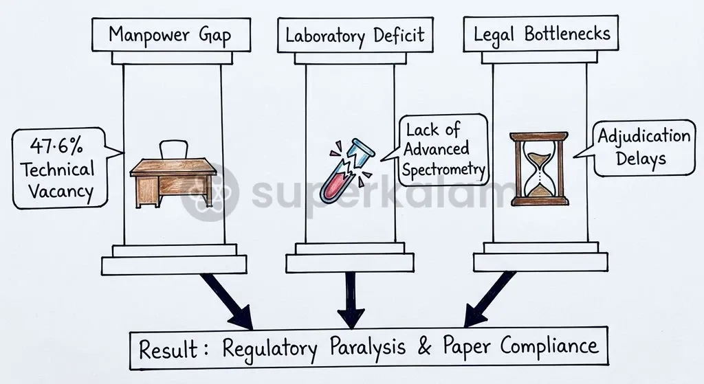 Widespread technical vacancies and deficient forensic equipment impede effective regulatory enforcement across state pollution boards.