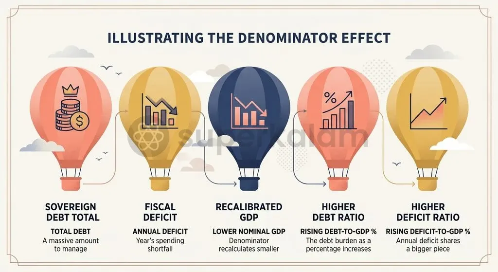 A downward revision in the nominal GDP denominator mathematically elevates fiscal deficit and debt ratios even with constant absolute borrowing.