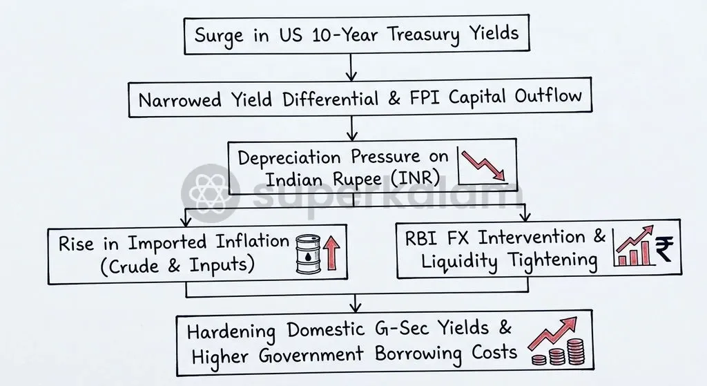 Rising US bond yields compress the emerging market risk premium, triggering FPI capital flight and pressure on the Indian rupee.