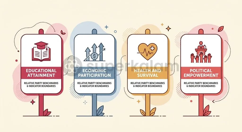 The Global Gender Gap Index evaluates parity across four dimensions on a 0 to 1 benchmark scale.