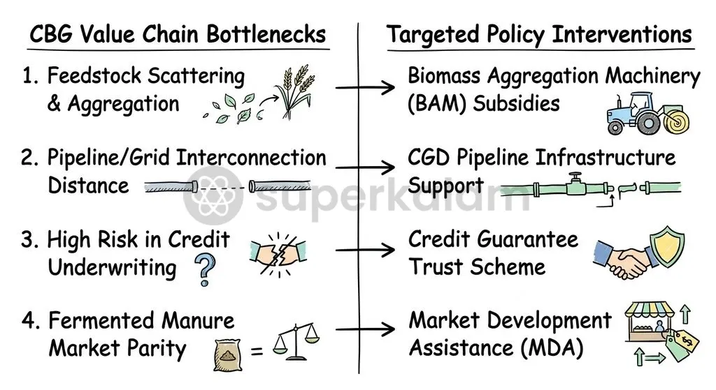 Structural bottlenecks in the rural CBG value chain paired with institutional solutions under the revamped framework.