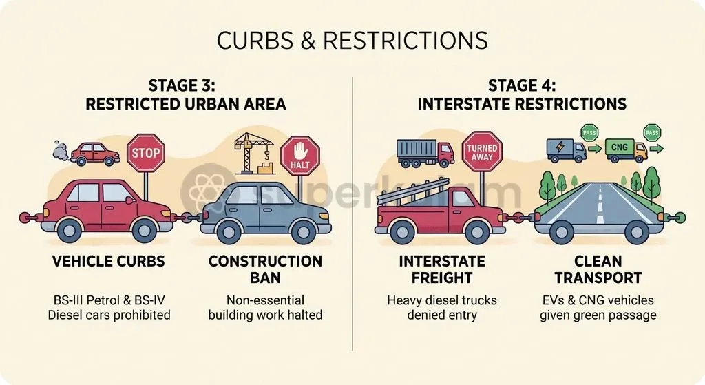 Stages 3 and 4 enforce strict transport bans on older private vehicles and non-essential commercial trucks entering the capital.