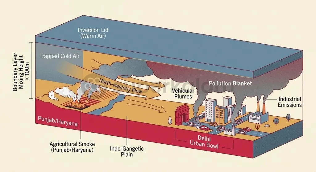 Regional topography and winter meteorological conditions create a natural basin where pollutants cannot dissipate without cross-state interventions.