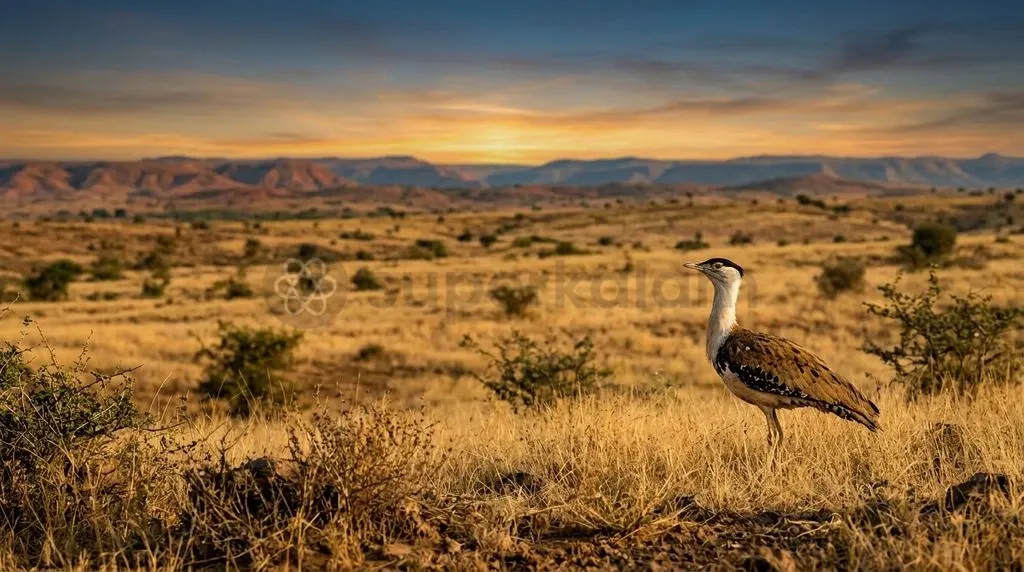 The critically endangered Great Indian Bustard requires vast, open grassland landscapes to forage, lek, and maintain viable breeding populations.