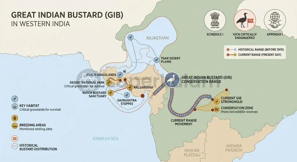 With over 90 percent of its historical range lost, the bustard survives primarily in small, fragmented pockets across Rajasthan and Gujarat.