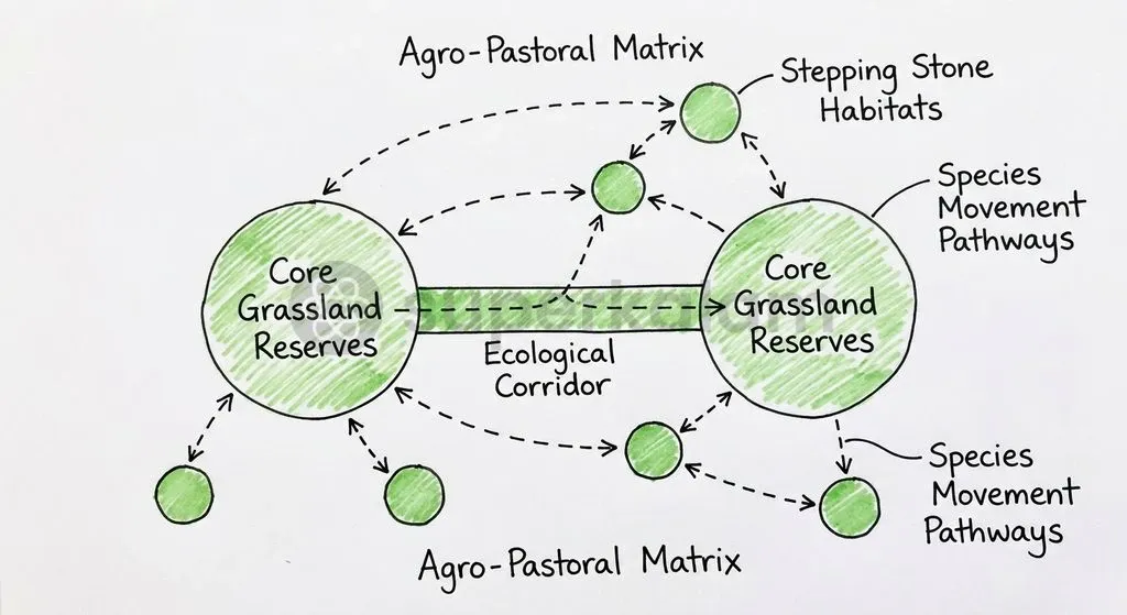 Landscape matrix management connects isolated protected cores through pastoral lands and flyway corridors, preventing genetic isolation.