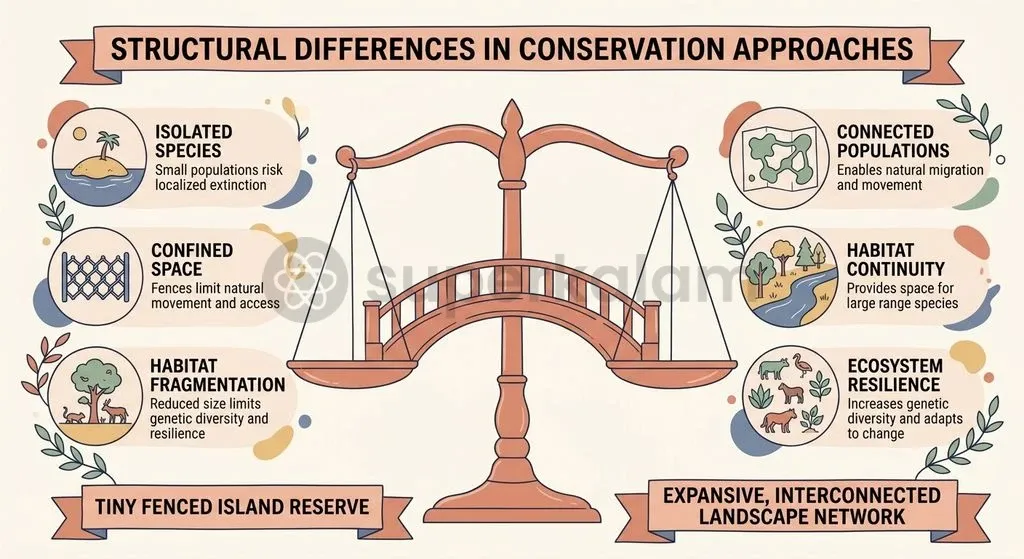Contrasting traditional fenced enclosures with modern landscape-level conservation models for wide-ranging avifauna.