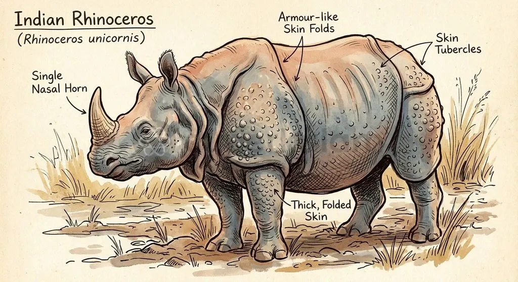 The distinctive single horn of Rhinoceros unicornis is composed entirely of compressed keratin rather than bone.