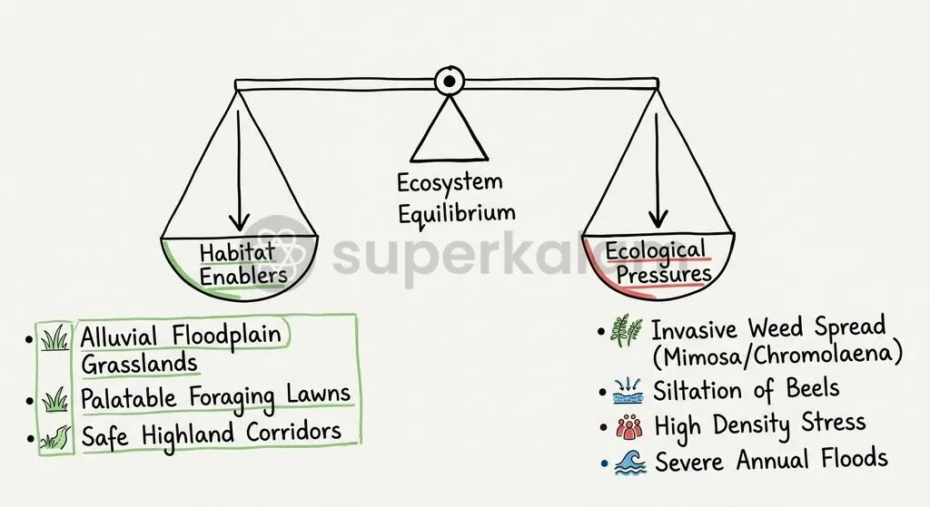 Ecological succession, weed invasion, and river siltation constrain the carrying capacity of core rhino sanctuaries.