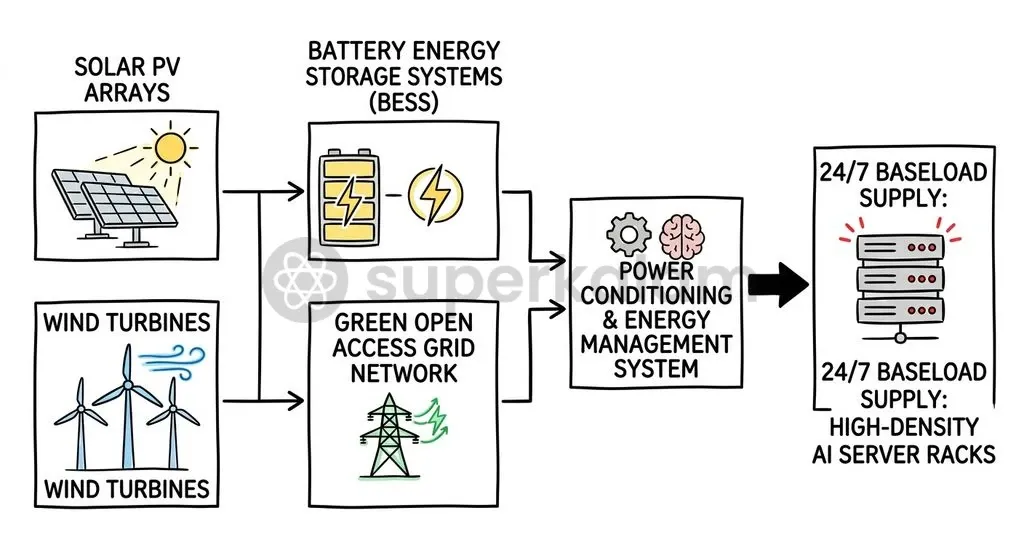 Decarbonizing continuous computing operations requires pairing variable solar and wind power with battery storage and direct open access.
