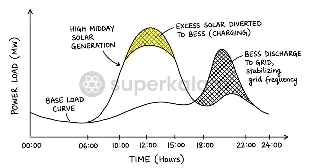 Battery Energy Storage Systems absorb excess midday solar energy and discharge during evening peak demand to smooth the duck curve.