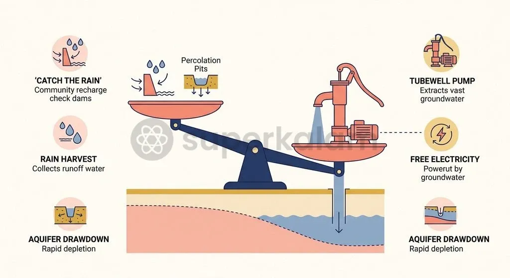 Recharge structures provide local seasonal replenishment, but unchecked tubewell drafting continuously extracts subsurface reserves.