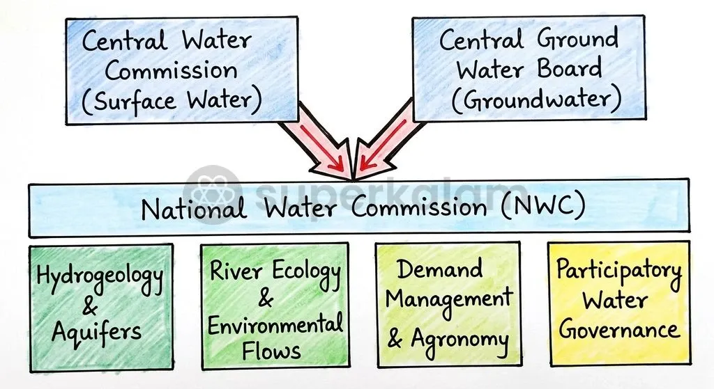 The Mihir Shah Committee (2016) proposed merging separate surface and groundwater agencies into a unified National Water Commission.