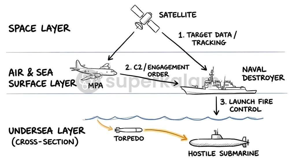 Satellite communications allow maritime patrol aircraft to relay underwater target positions to surface warships firing wire-guided torpedoes beyond visual range.