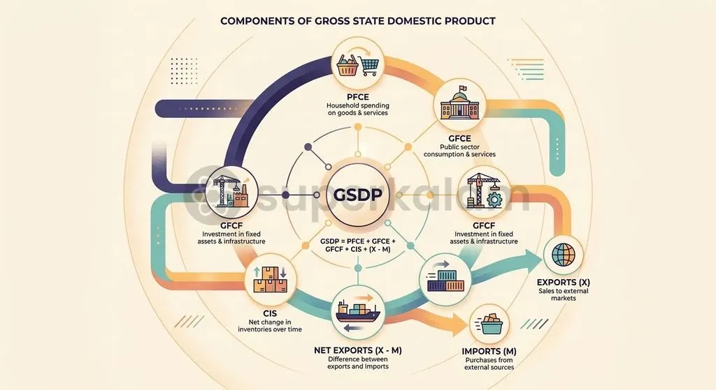 The expenditure framework aggregates household spending, public consumption, fixed investments, and cross-border net flows.