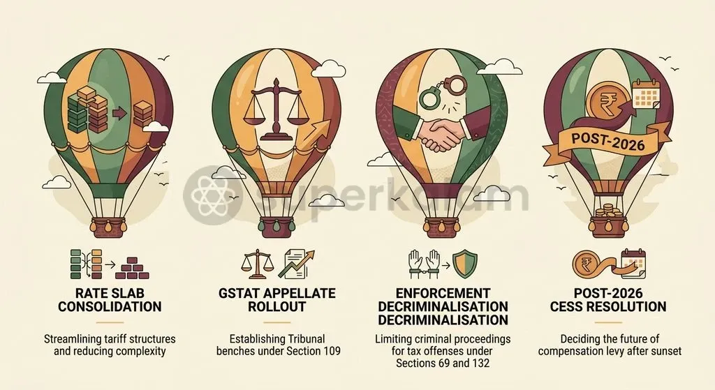 Structural reforms across dispute resolution, rate simplification, and decriminalisation define the contemporary GST agenda.