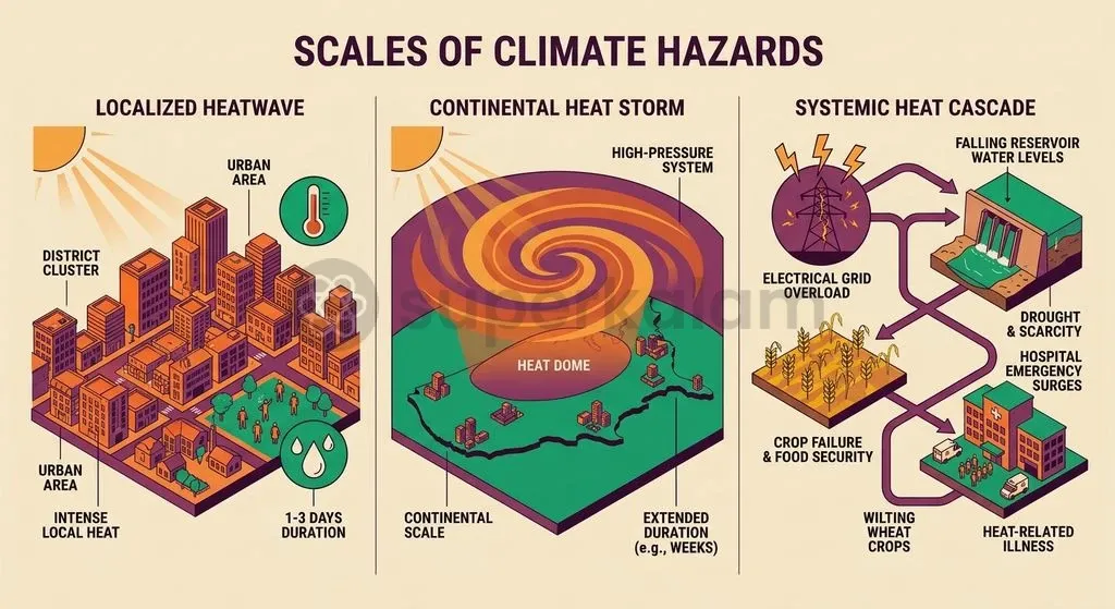 The transition from local heat anomalies to synoptic heat storms and cross-sectoral heat cascades.