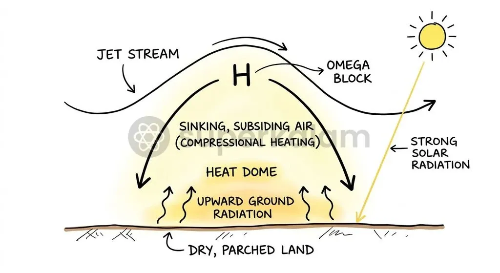 Thermodynamics of a heat dome: High-pressure atmospheric ridges compress descending air and trap surface heat.