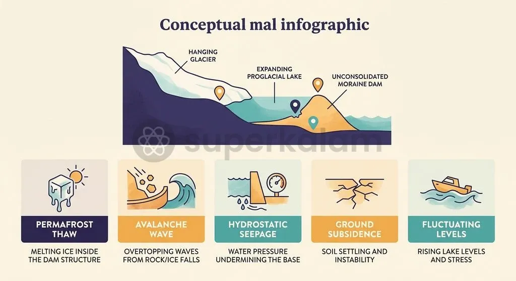 A destabilisation cascade occurs when moraine dams fail under internal permafrost thaw, avalanche impact waves, or sudden hydrostatic surges.