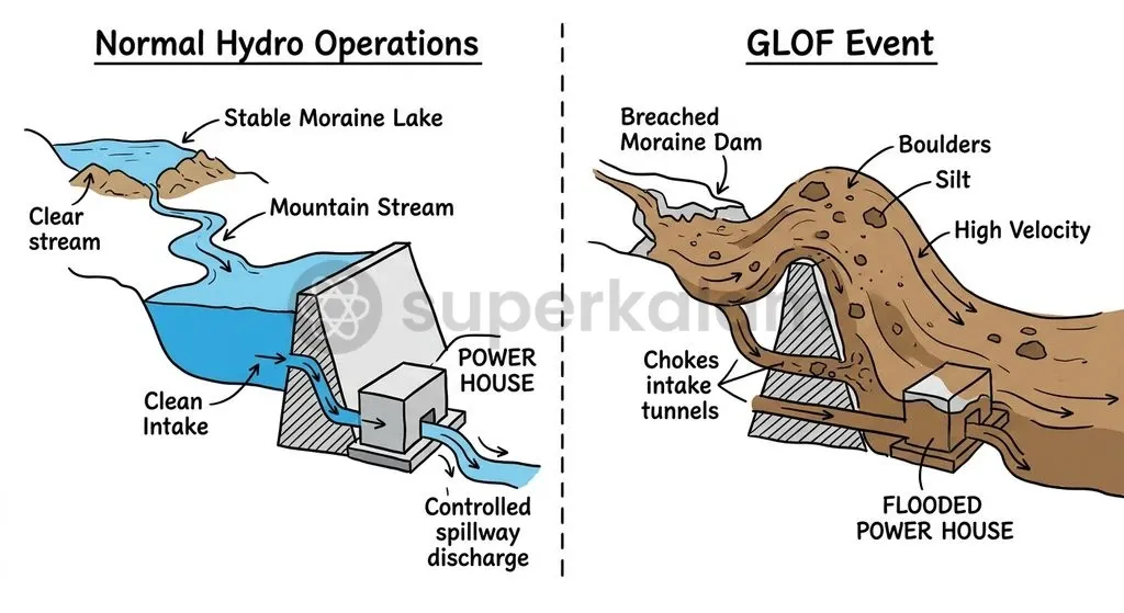 Sudden glacial outburst surges carrying immense sediment loads can overwhelm downstream spillways and destroy run-of-the-river barrages.