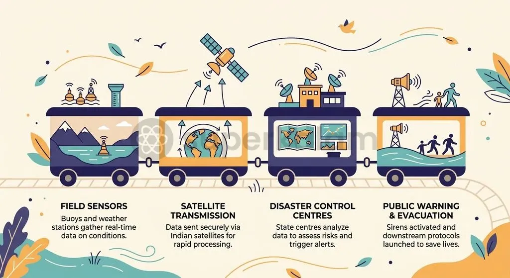 Integrated early warning systems rely on high-altitude buoy sensors, meteorological tracking, and satellite links to provide downstream evacuation lead time.