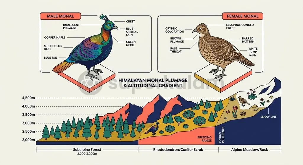 Pronounced sexual dimorphism and seasonal vertical migration characterise the biology of the Himalayan Monal.