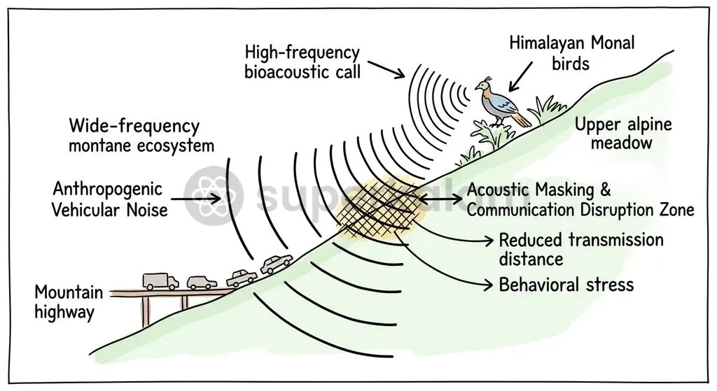 Anthropogenic noise from mountain highways causes acoustic masking and behavioural displacement in sensitive fauna.