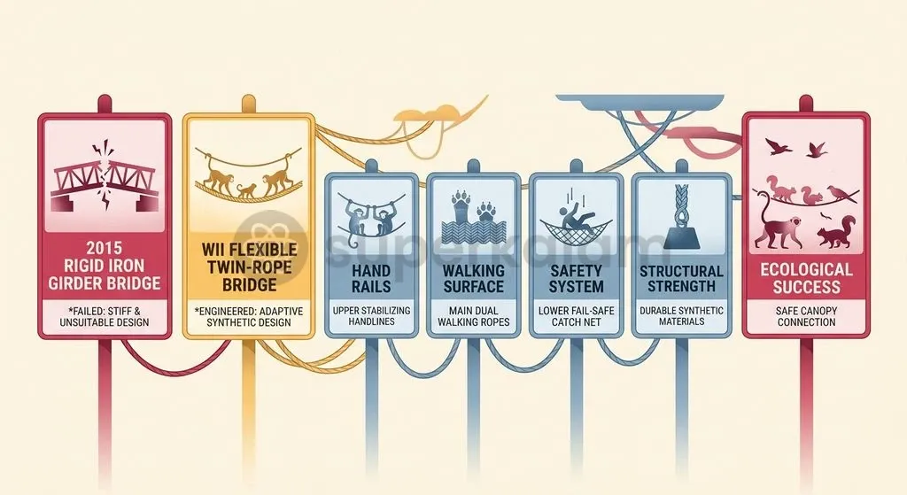 Synthetic twin-rope bridges with suspended safety nets match gibbon locomotion, whereas rigid iron bridges failed completely.