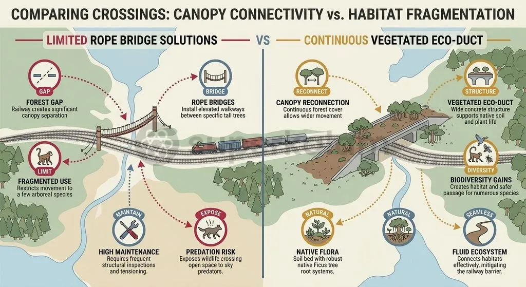 Widening railway corridors to 50 metres outstrips the capacity of rope bridges, necessitating permanent vegetated overpasses and rerouting.